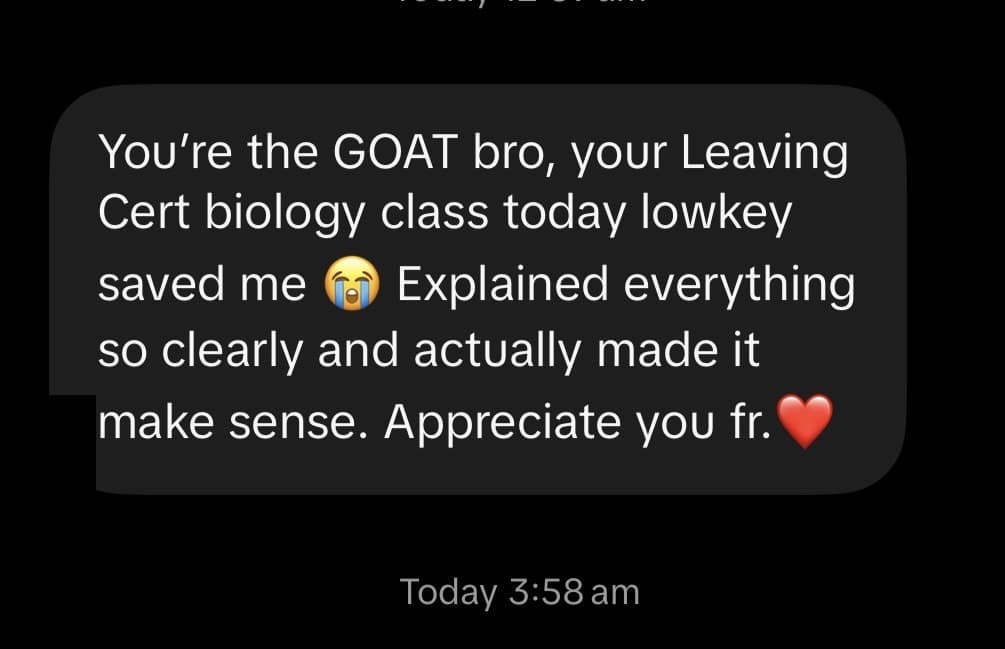 Student message about a Leaving Cert Biology class