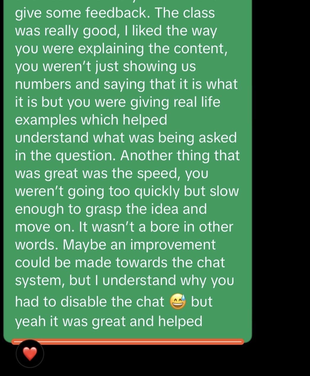 Student message about HL Maths lessons